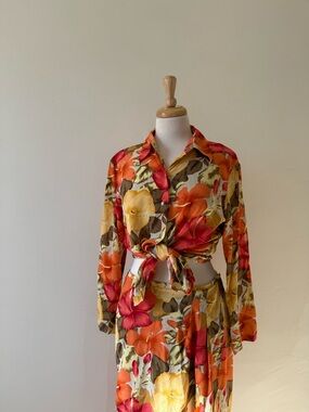 Vintage Kasper Silk Floral Button Up Blouse Orange Red Size 10